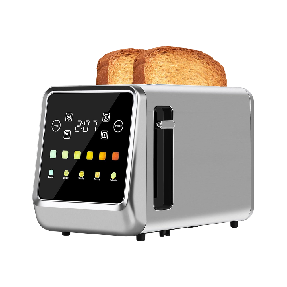 A modern silver and black digital SwinLide Smart Toaster with two slices of toasted bread emerging from the top, shown on a plain white background.