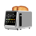 A modern silver and black digital SwinLide Smart Toaster with two slices of toasted bread emerging from the top, shown on a plain white background.