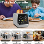 A digital countertop SwinLide Smart Toaster with a touch screen display is shown in a kitchen scene with a man and a child preparing bread, plus four smaller step-by-step icons at the bottom illustrating how to use it. Large text at the top reads 'Easy to Operatin'.