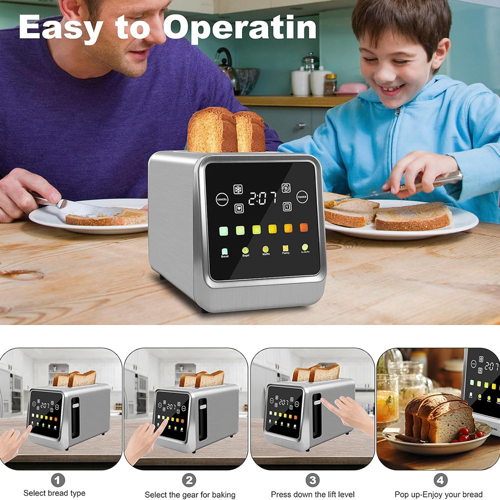 A digital countertop SwinLide Smart Toaster with a touch screen display is shown in a kitchen scene with a man and a child preparing bread, plus four smaller step-by-step icons at the bottom illustrating how to use it. Large text at the top reads 'Easy to Operatin'.