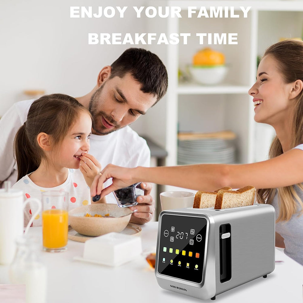 Family enjoying breakfast with a SwinLide Smart Toaster on a table.