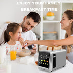 Family enjoying breakfast with a SwinLide Smart Toaster on a table.