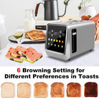 A silver digital SwinLide Smart Toaster with a touch screen interface is shown on a tabletop with sliced toast, watermelon toast, a milk bottle, a kettle, and fruit in the background. Text at the bottom reads '6 Browning Setting for Different Preferences in Toasts' with six toast color examples.