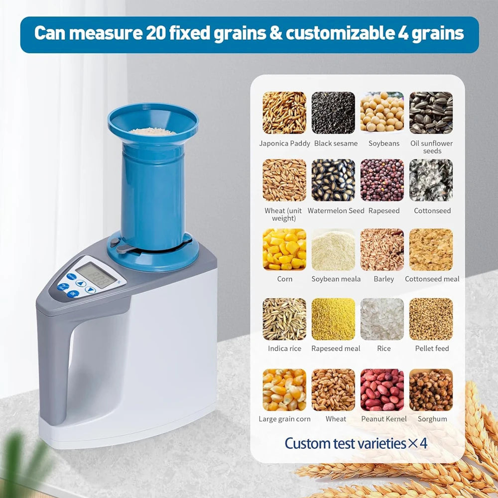 SynBenal Grain Moisture Meter with a display of various grain types on a white background