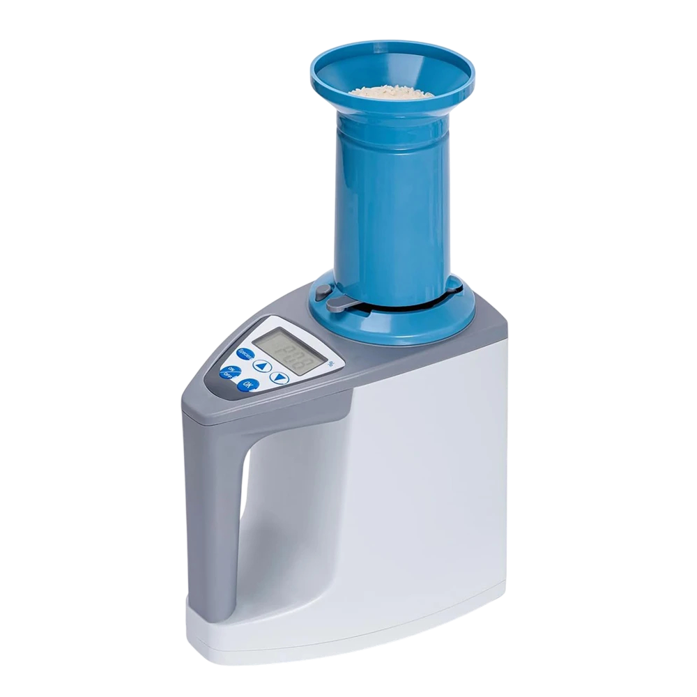 A SynBenal Grain Moisture Meter rice cooker or rice dispenser with a white and gray base, a blue cylindrical hopper, and a small digital display on the front, shown on a plain white background.