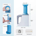 Blue and white SynBenal Grain Moisture Meter with dimension labels and feature callouts, including drop barrel, door switch, material gate, correction weight, and cleaning brush.