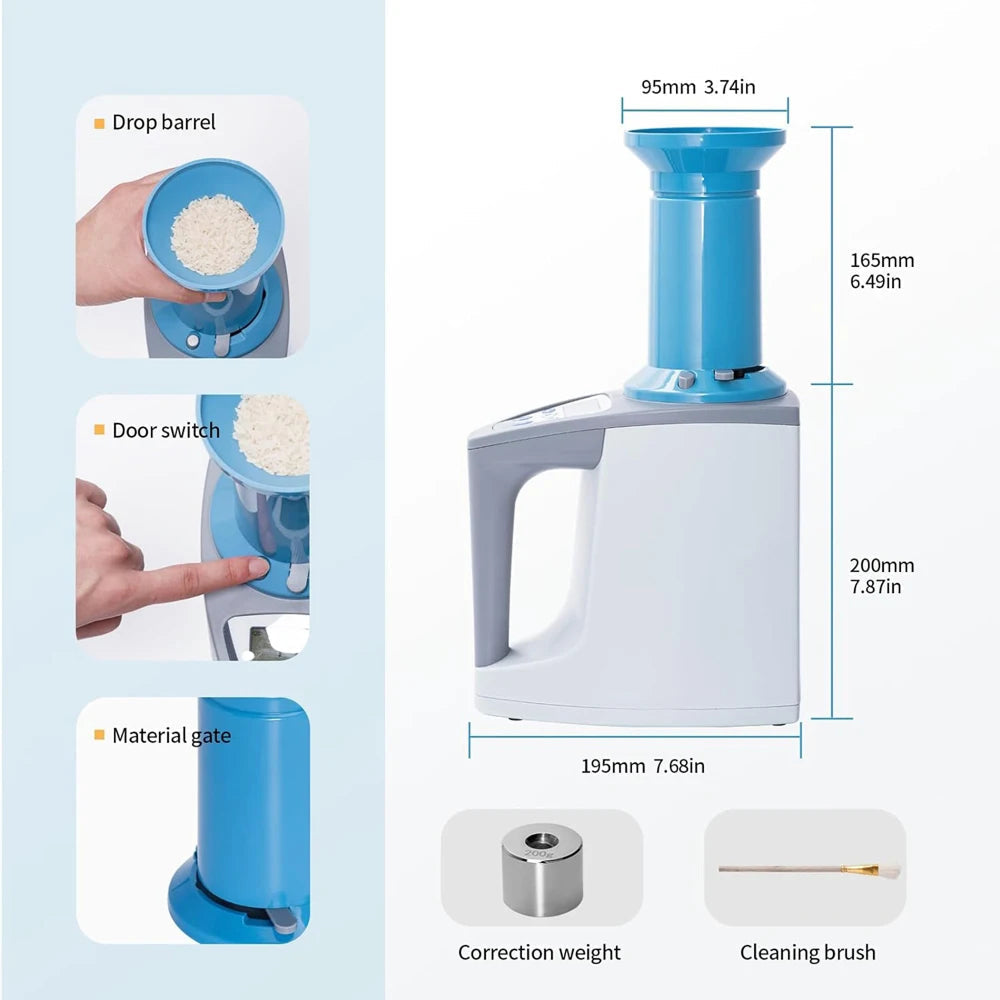 Blue and white SynBenal Grain Moisture Meter with dimension labels and feature callouts, including drop barrel, door switch, material gate, correction weight, and cleaning brush.