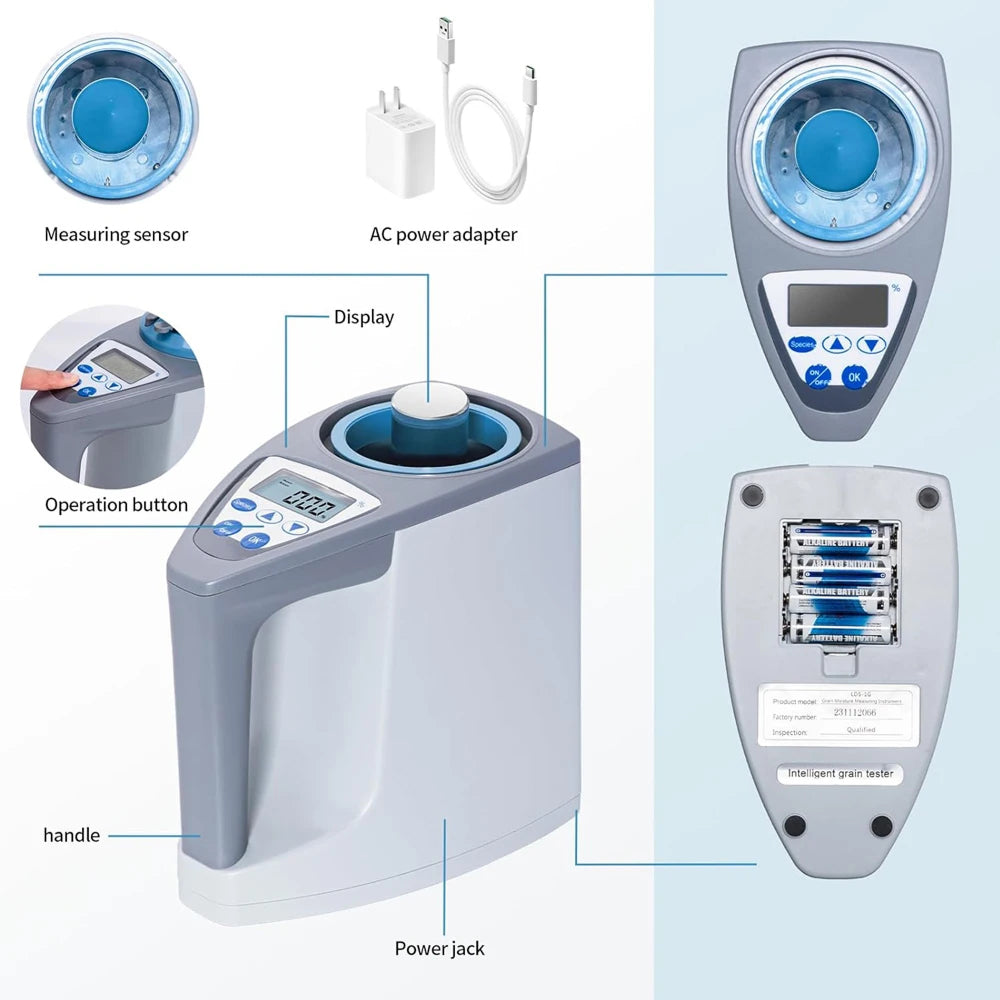 An instructional product diagram showing a digital grain scale with labeled parts including the measuring sensor, AC power adapter, display, operation button, handle, and power jack. The main view shows the front and back of the scale, with inset close-ups and callouts on a light blue background.