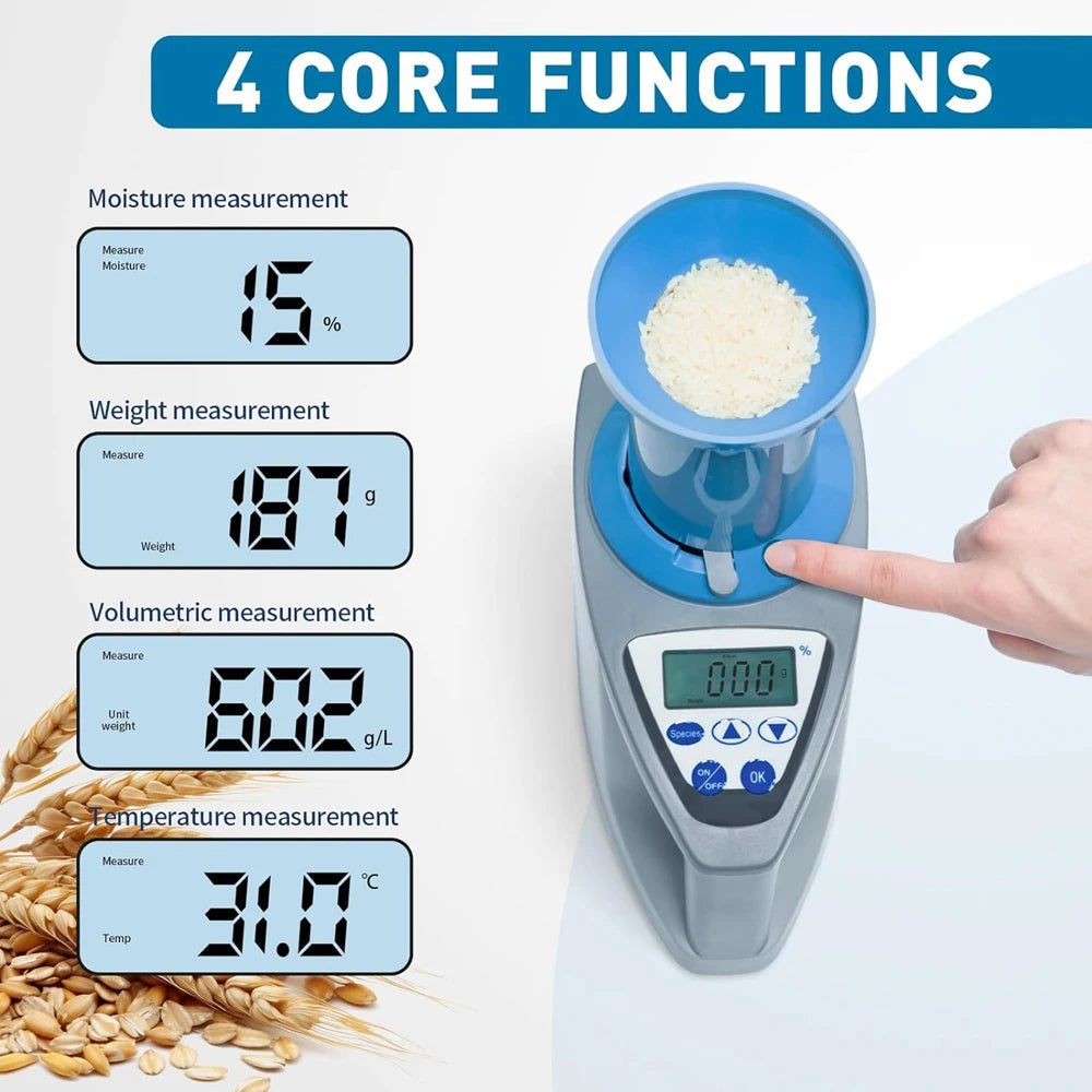 SynBenal Grain Moisture Meter with a hand interacting with it, displaying measurements on a white background.