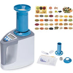 An SynBenal Grain Moisture Meter seed and grain grinder with a blue and gray base, shown alongside its accessories including a blue funnel, power cord, manual, and metal chamber. A grid of various seeds, grains, and spices is displayed in the upper right to illustrate the grinding versatility.