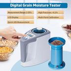 Digital SynBenal Grain Moisture Meter with a gray and white main unit, blue lid details, and a separate blue funnel-shaped container filled with grain. A human hand is touching the device's LCD screen.