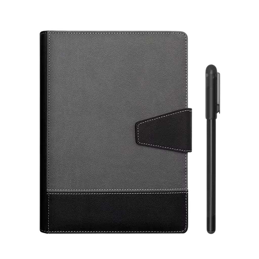 Gray and black SynkaNote Digital Notepad with a pen on a white background