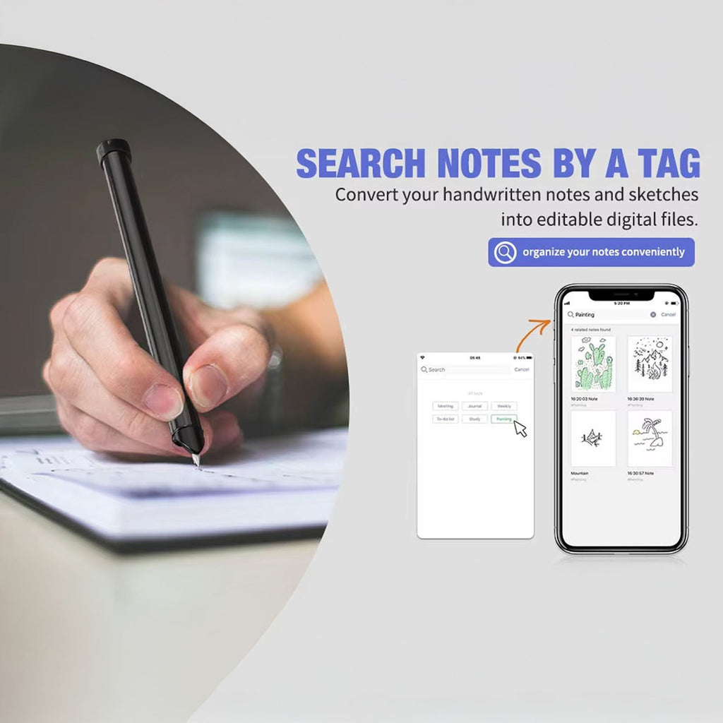 Hand holding a stylus over a SynkaNote Digital Notepad with smartphone app interface showing note organization.