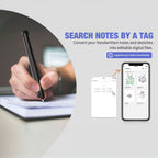 Hand holding a stylus over a SynkaNote Digital Notepad with smartphone app interface showing note organization.