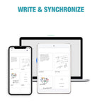 SynkaNote Digital Notepad including a smartphone, tablet, and laptop displaying synchronized notes on a white background with 'Write & Synchronize' text.