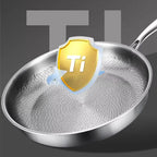 Stainless TikaxPan Titanium Frying Pan with a gold shield emblem featuring 'Ti' on a dark background