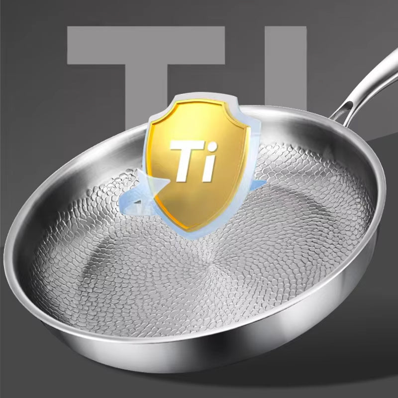 Stainless TikaxPan Titanium Frying Pan with a gold shield emblem featuring 'Ti' on a dark background