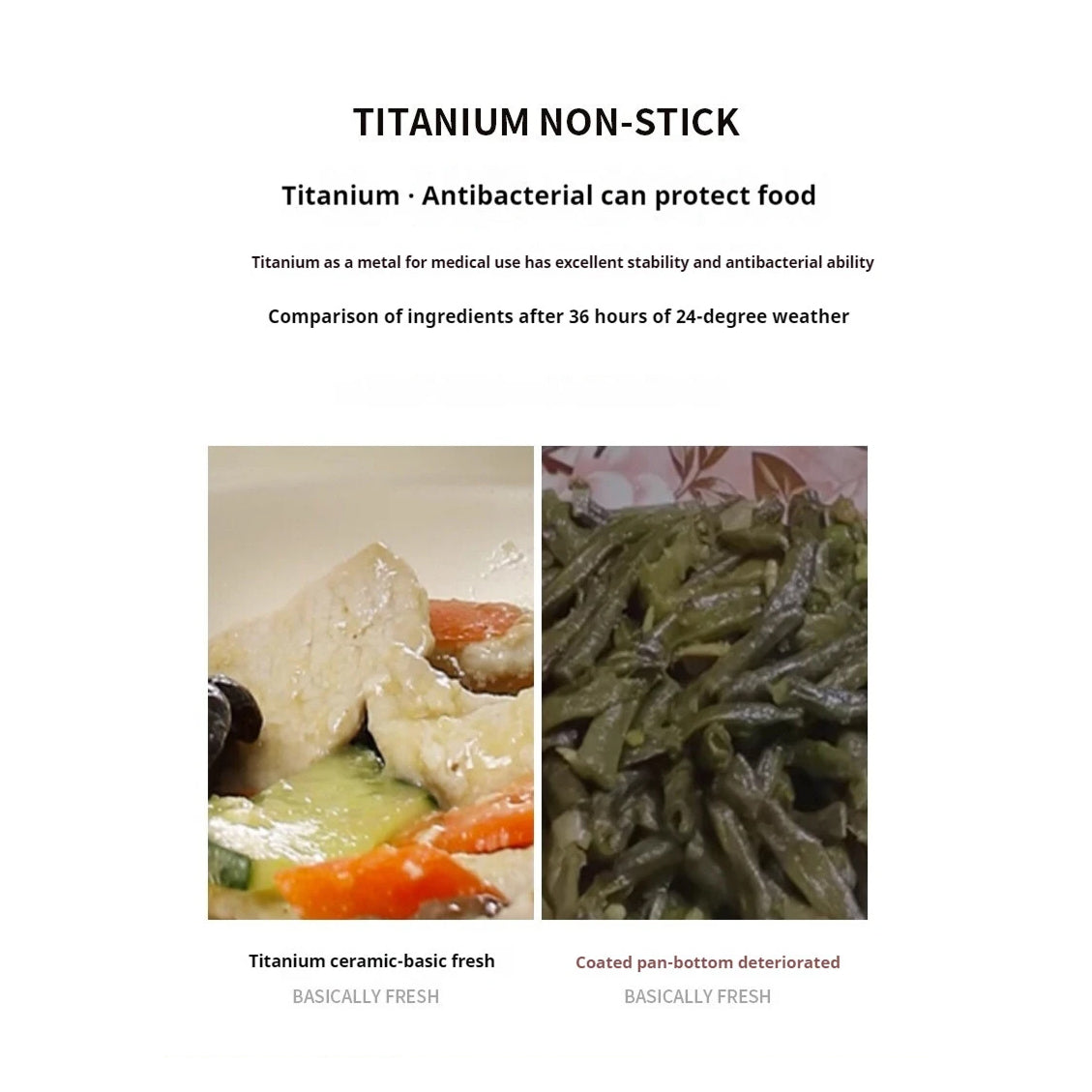 Comparison of TikaxPan Titanium Frying Pan non-stick cookware with food, showing stability and antibacterial properties.
