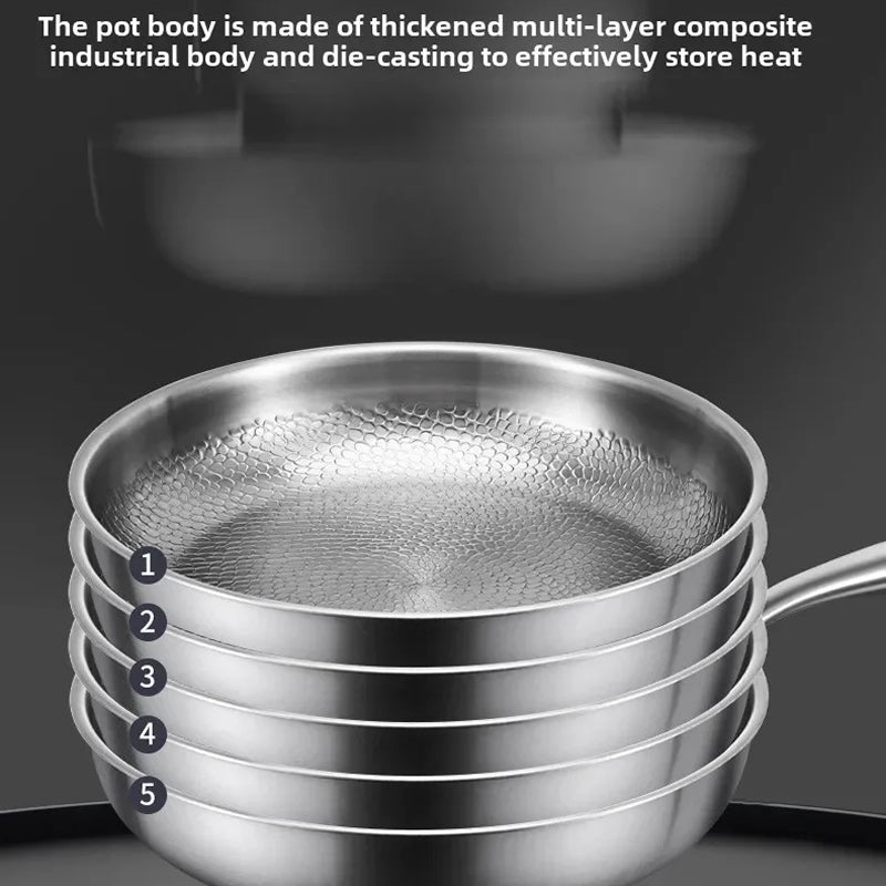 Stack of metal pots with text about pot body material
