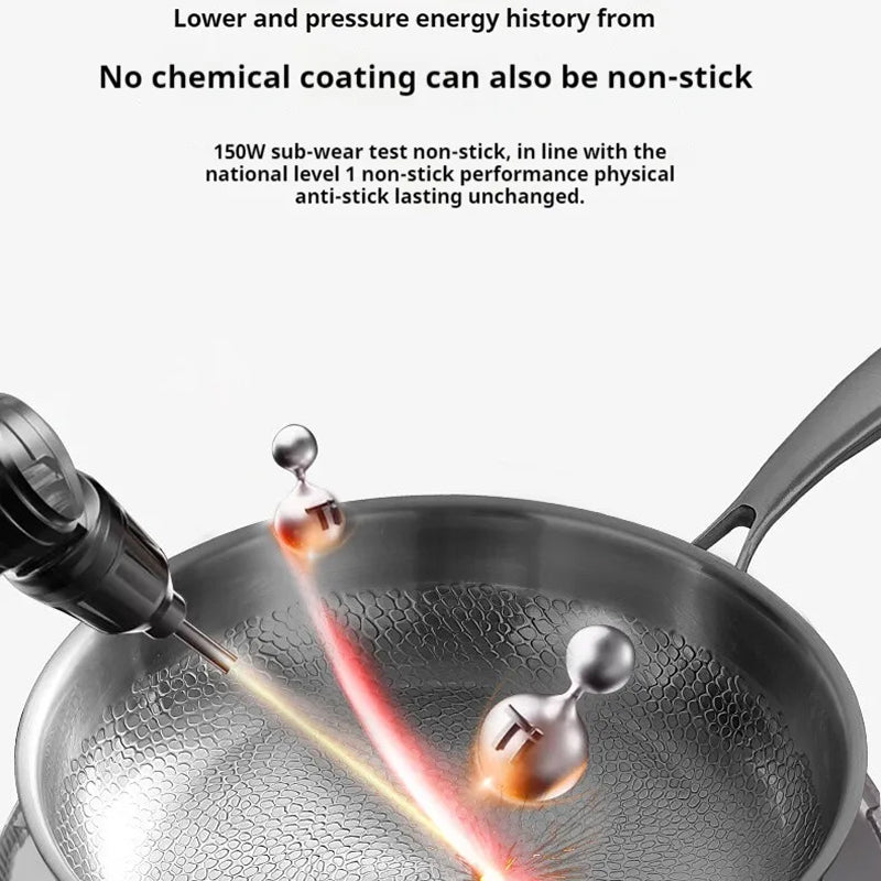 Non-stick TikaxPan Titanium Frying Pan with a drill applying a substance to its surface, text about non-stick properties.