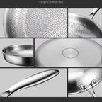 Collage of a silver wok with different angles and features on a gray background