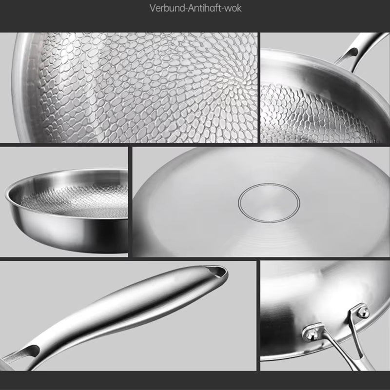Collage of a silver wok with different angles and features on a gray background