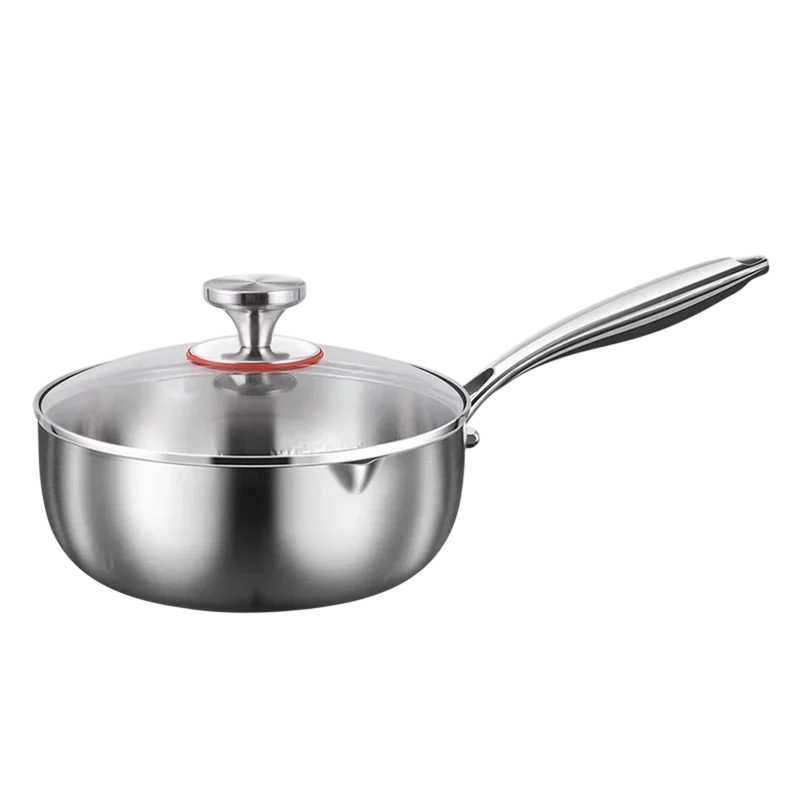 A TitanyPot Pure Titanium Pot saucepan with a clear glass lid and a long handle, shown on a plain white background.