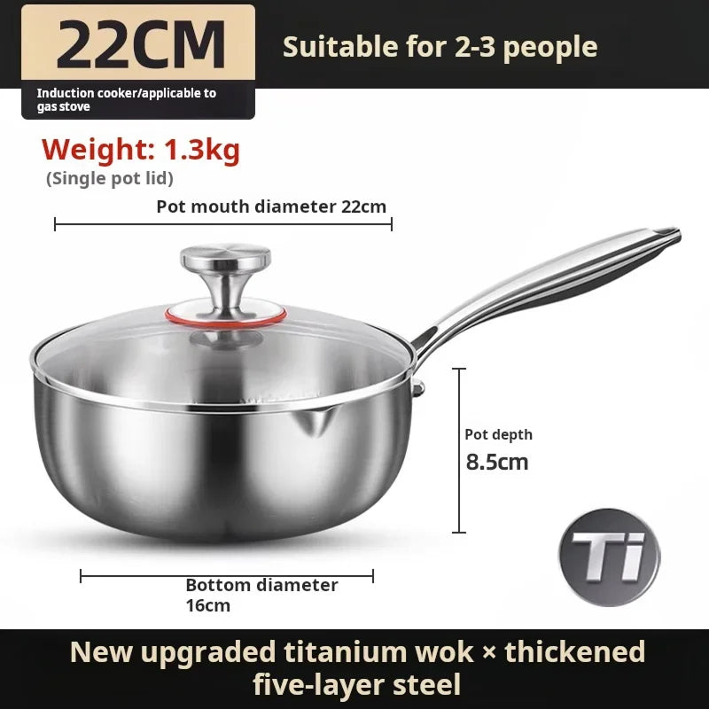 TitanyPot Pure Titanium Pot wok with lid on a white background, featuring dimensions and weight information.