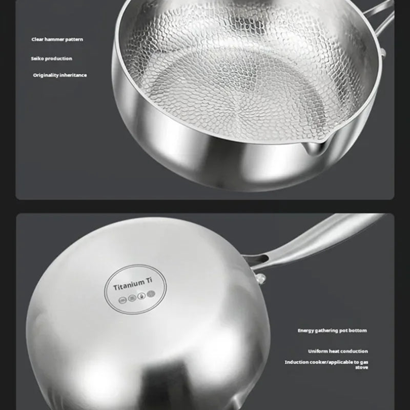 A TitanyPot Pure Titanium Pot shown from two angles on a dark gray background, with text callouts highlighting features such as a clear hammer pattern on the interior, sauté production, energy gathering pot bottom, and titanium Ti marking on the bottom.