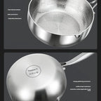 A TitanyPot Pure Titanium Pot shown from two angles on a dark gray background, with text callouts highlighting features such as a clear hammer pattern on the interior, sauté production, energy gathering pot bottom, and titanium Ti marking on the bottom.