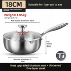 TitanyPot Pure Titanium Pot wok with lid on a white background, featuring dimensions and weight information.