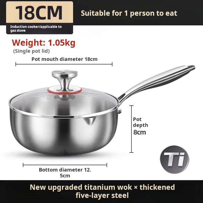 TitanyPot Pure Titanium Pot wok with lid on a white background, featuring dimensions and weight information.