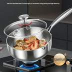 TitanyPot Pure Titanium Pot with a glass lid on a gas stove, shown with food cooking inside. The image includes marketing text and a titanium badge graphic.