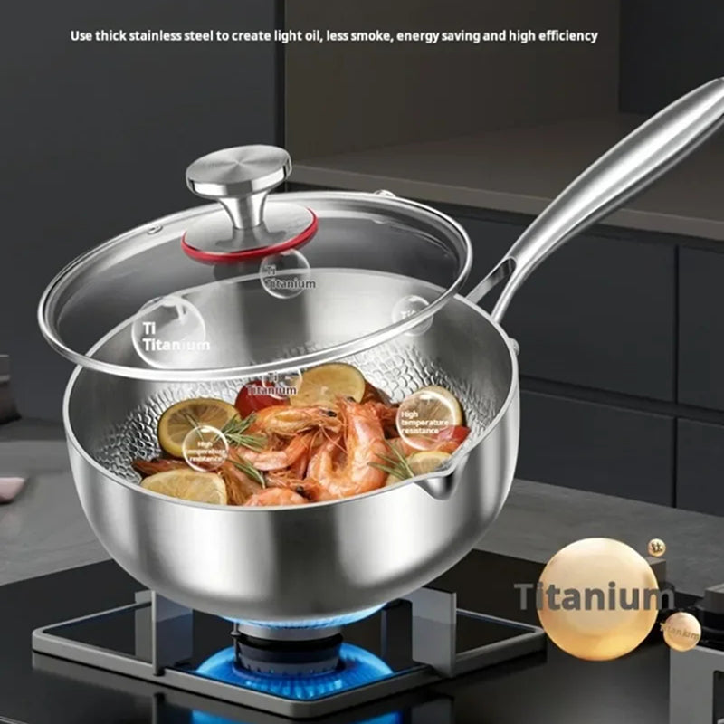 TitanyPot Pure Titanium Pot with a glass lid on a gas stove, shown with food cooking inside. The image includes marketing text and a titanium badge graphic.