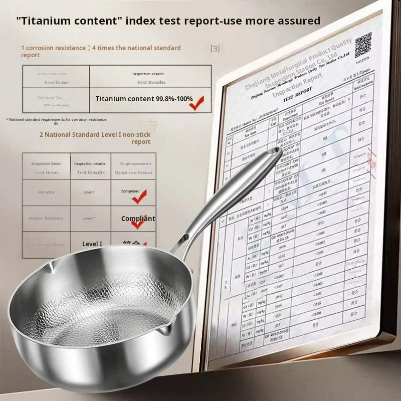Stainless TitanyPot Pure Titanium Pot with test reports on a metallic background