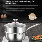 A stainless TitanyPot Pure Titanium Pot double-boiler pot with a glass lid and long handle, shown on a cooktop with promotional text and food imagery in a kitchen setting.