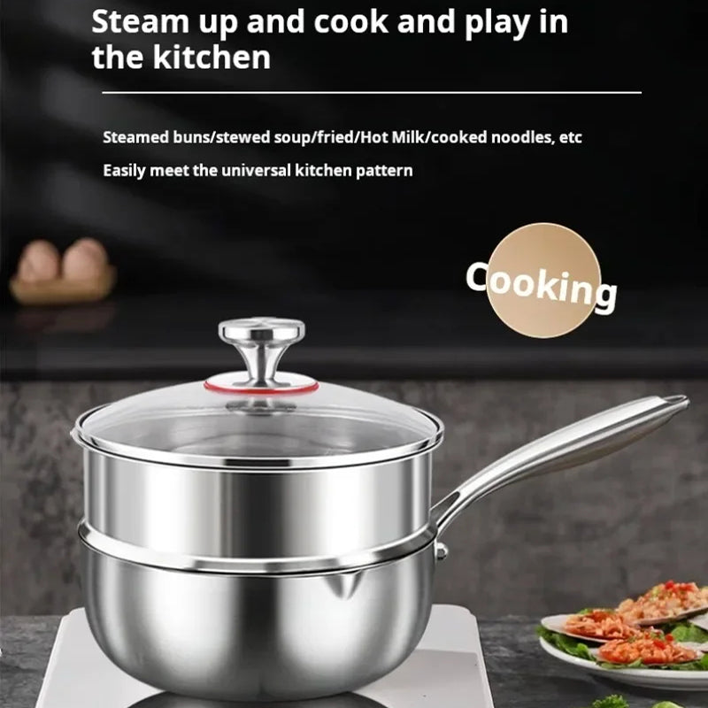 A stainless TitanyPot Pure Titanium Pot double-boiler pot with a glass lid and long handle, shown on a cooktop with promotional text and food imagery in a kitchen setting.
