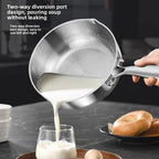 Sieve being used to pour milk into a glass with a plate of bagels in the background.