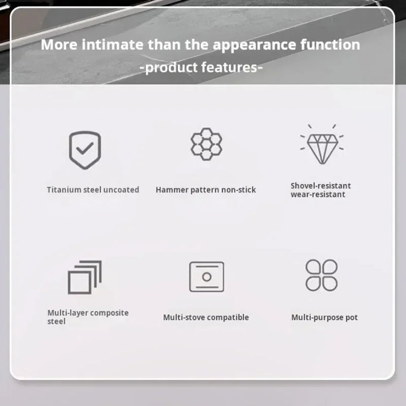 A TitanyPot Pure Titanium Pot feature infographic on a light gray background with a dark gray header. The text reads 'More intimate than the appearance function -product features-' above six icons and labels: titanium steel uncoated, hammer pattern non-stick, shovel-resistant wear-resistant, multi-layer composite steel, multi-stove compatible, and multi-purpose pot.