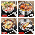 A 2x2 collage showing a TitanyPot Pure Titanium Pot steel multi-cooker pot and pan set in use on a stovetop, with food examples labeled Hot Pot, Steamed seafood, Chicken Soup, and Fried fish.