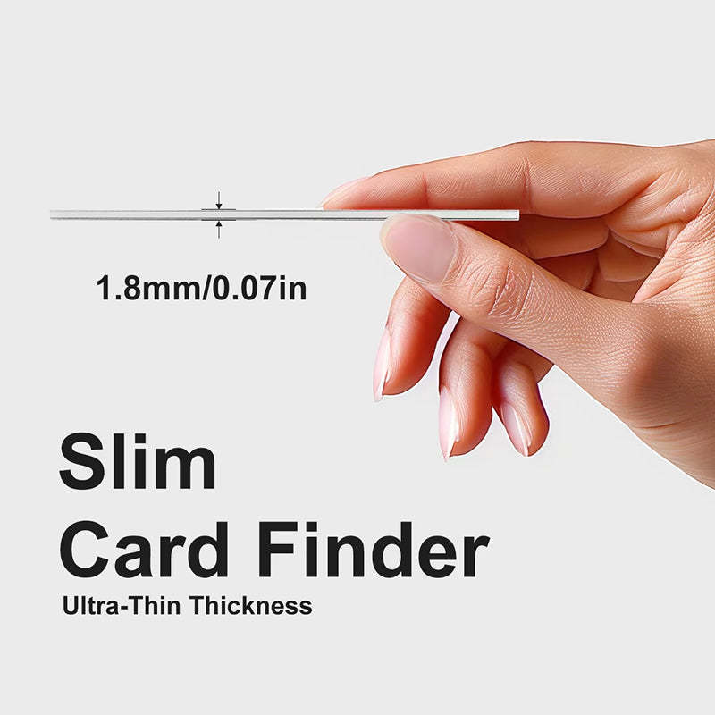 Hand holding a slim Tiverno Apple MFi Certified Wallet Tracker Card finder with text indicating its ultra-thin thickness on a light gray background.