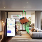 Hand holding a smartphone with a map app in a modern living room.