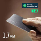 Hand holding a small electronic Tiverno Apple MFi Certified Wallet Tracker Card with 'Apple Find My' feature and thickness indicator on a brown background