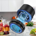 Black and blue spiral Tiverno Electric Mason Jar Vacuum Sealer on a kitchen counter with jars of fruit in the background