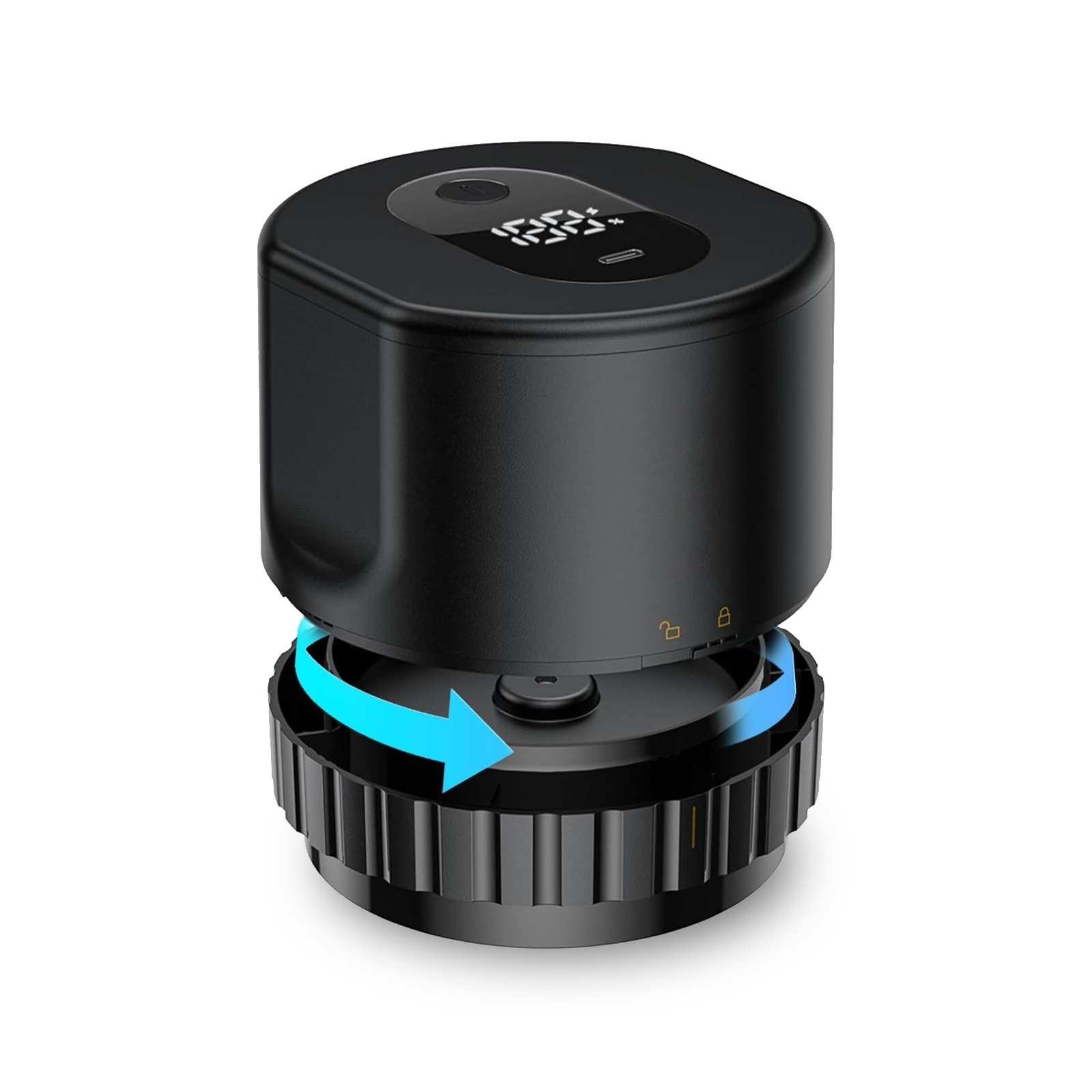 Black cylindrical Tiverno Electric Mason Jar Vacuum Sealer with a digital display and blue arrow on a white background