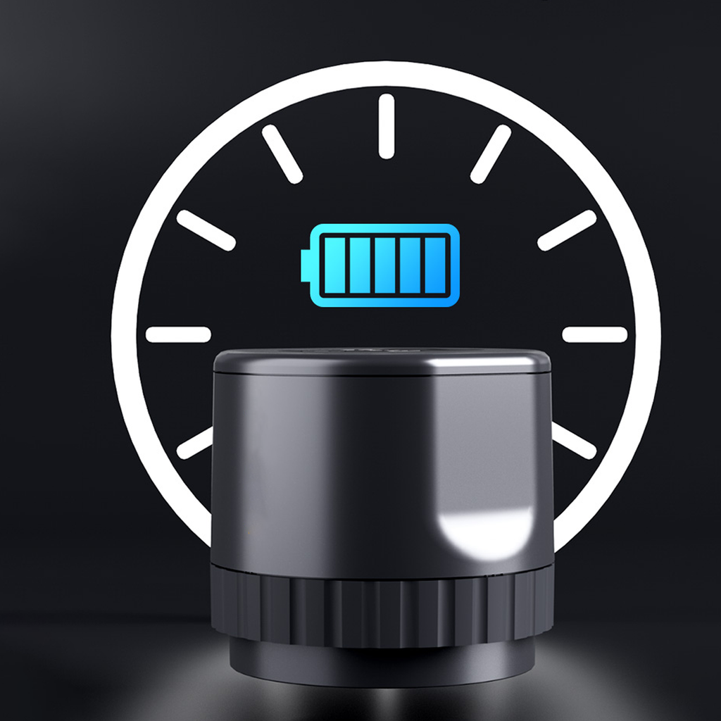 Black cylindrical Tiverno Electric Mason Jar Vacuum Sealer with a battery icon on a dark background