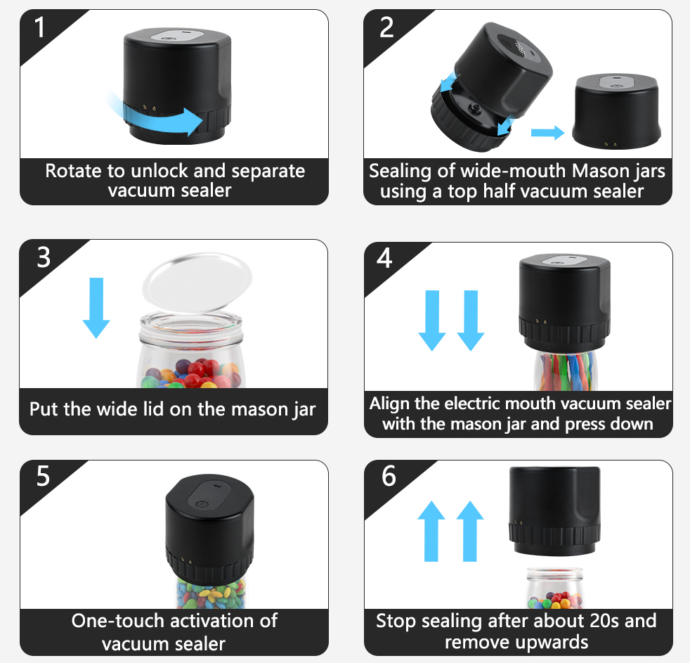 Step-by-step guide on using a Tiverno Electric Mason Jar Vacuum Sealer sealer for wide-mouth Mason jars.