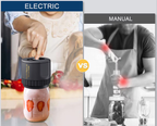 Comparison between electric and manual kitchen tools with a person using each.