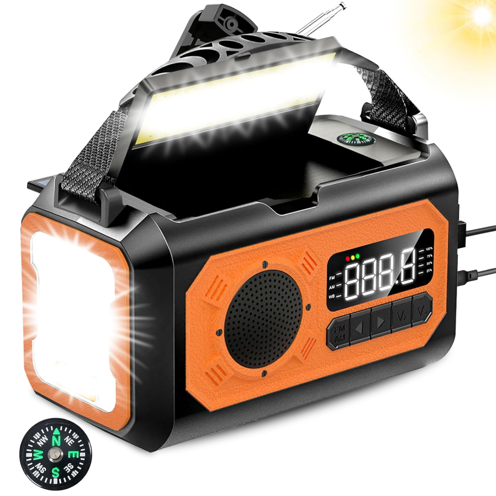 Multifunctional Tiverno Emergency Radio with flashlight, radio, and digital display on a white background