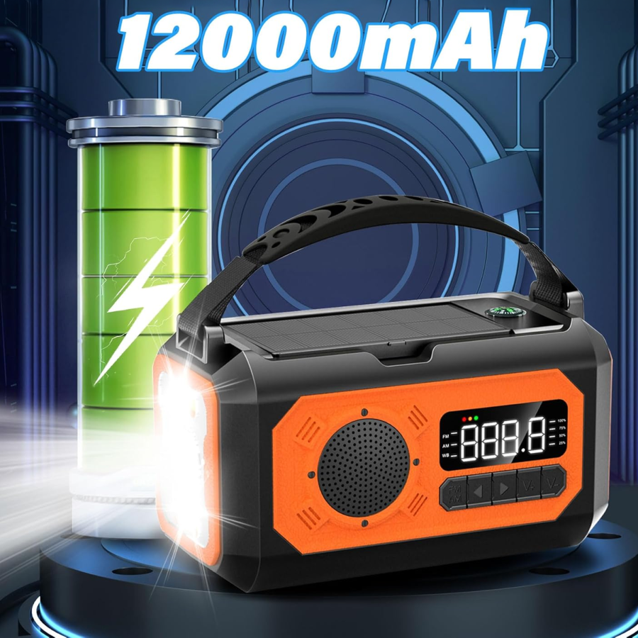 Orange and black Tiverno Emergency Radio power station with 12000mAh capacity on a dark background